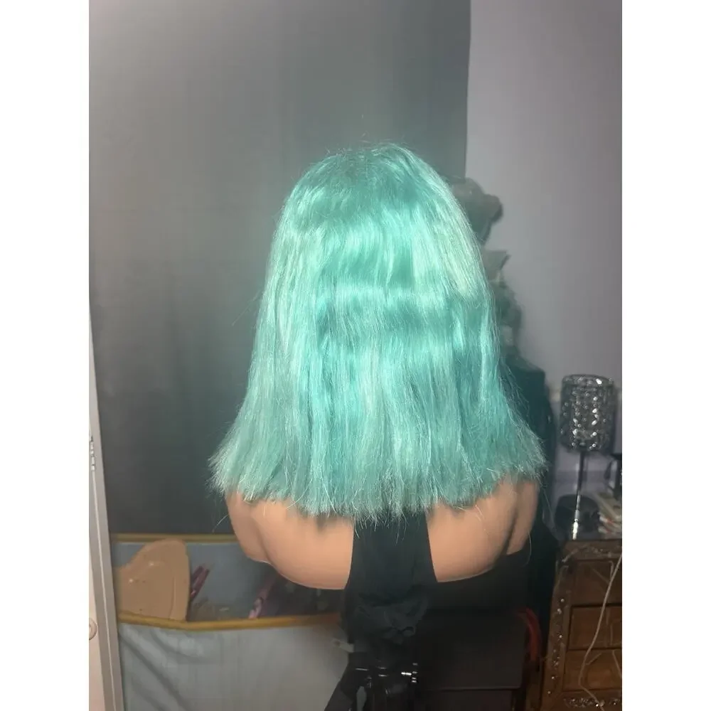 Human Hair Wig 13x4 Lace Front Aqua Blue Bob